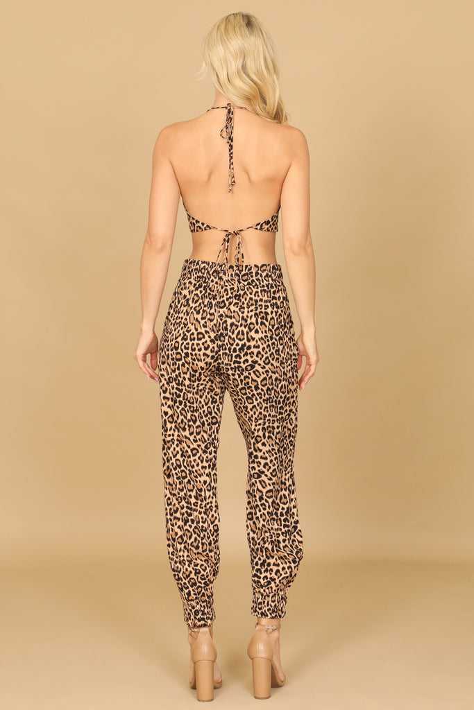 COWL NECK LEOPARD CROP TOP JOGGER PANTS