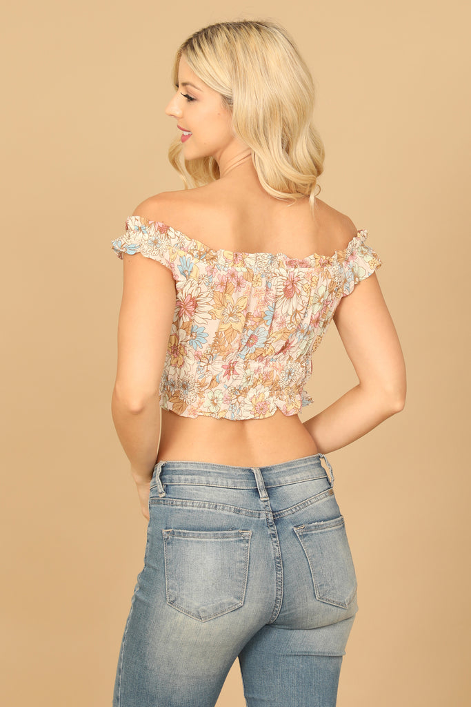 FLORAL RUFFLE OFF-SHOULDER CROP TOP
