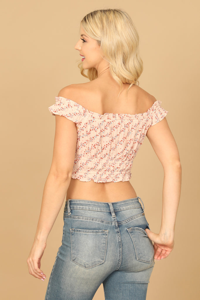 FLORAL OFF-SHOULDER RUFFLE CROP TOP