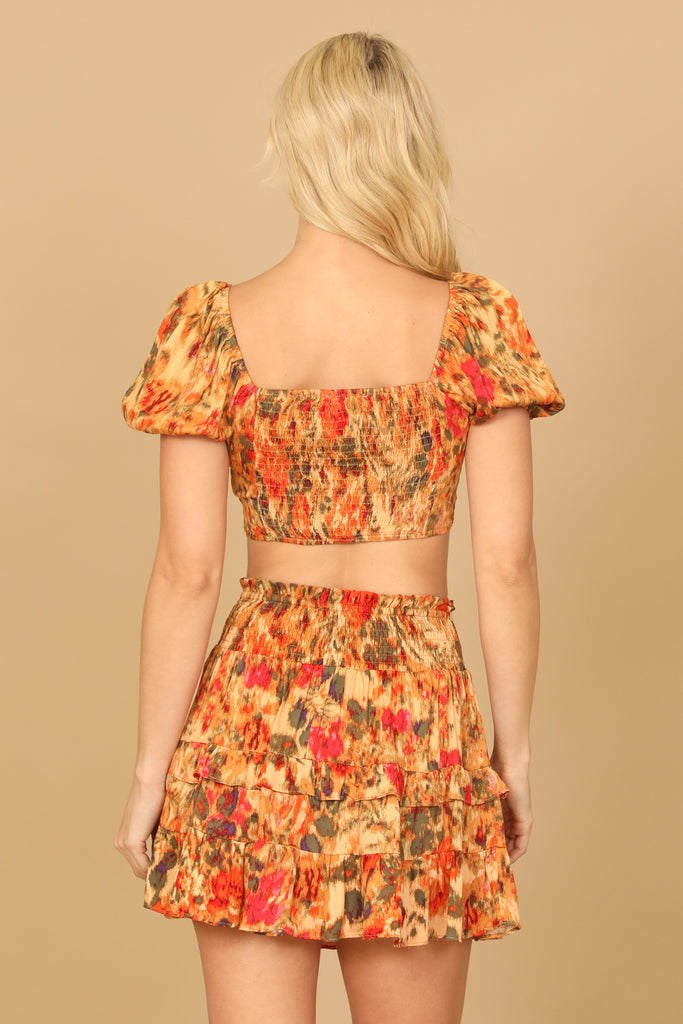 FLORAL PAINTERLY PUFF SLEEVE FRONT CUT-OUT CROP TOP RUFFLE SKIRT