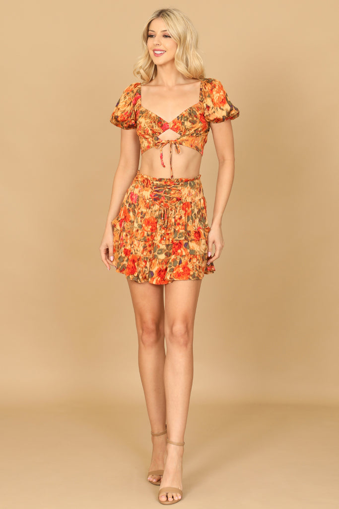 FLORAL PAINTERLY PUFF SLEEVE FRONT CUT-OUT CROP TOP RUFFLE SKIRT