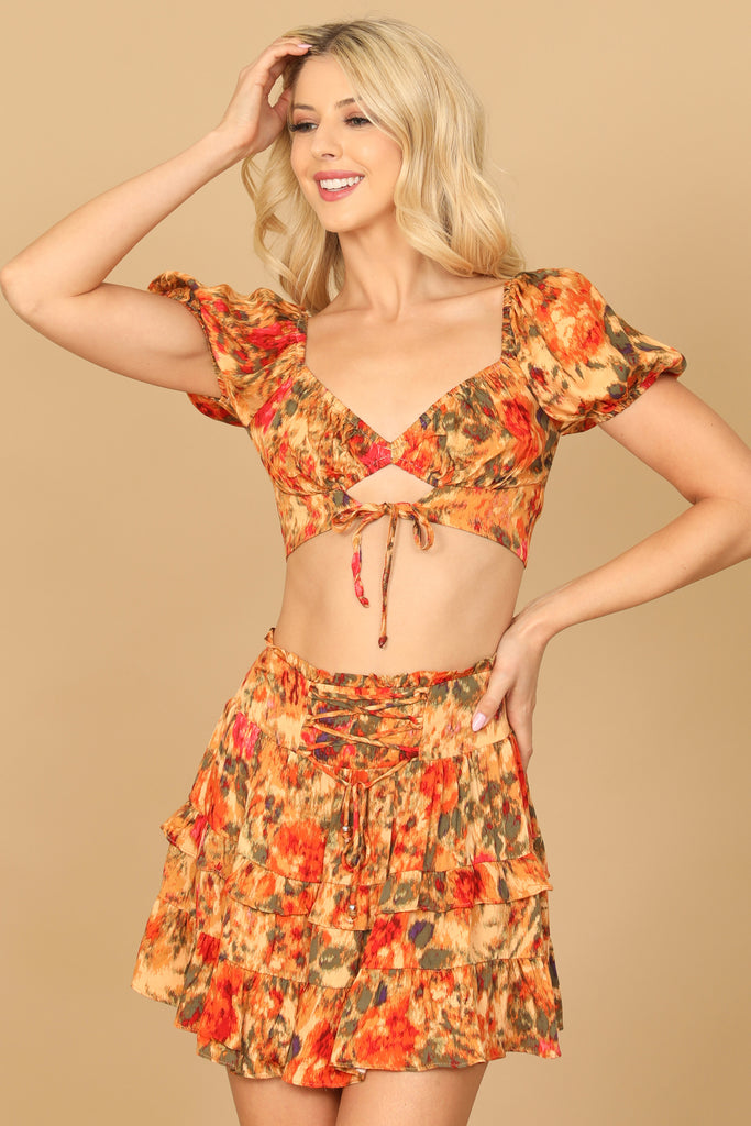 FLORAL PAINTERLY PUFF SLEEVE FRONT CUT-OUT CROP TOP RUFFLE SKIRT