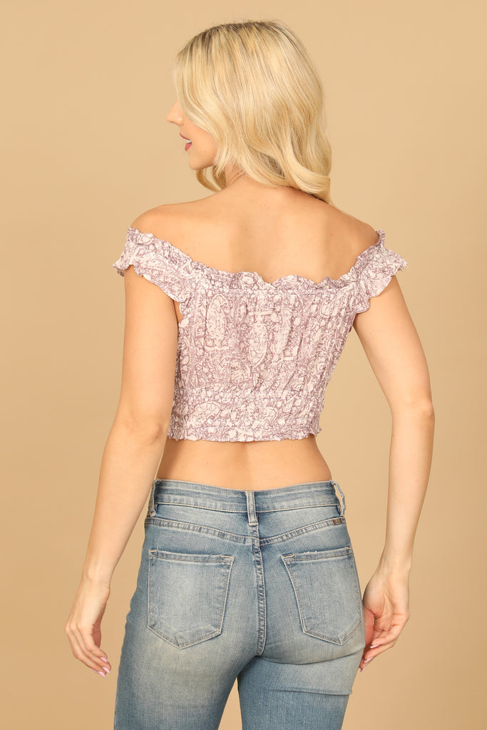RUFFLE OFF-SHOULDER PAISLEY CROP TOP - Riah Fashion