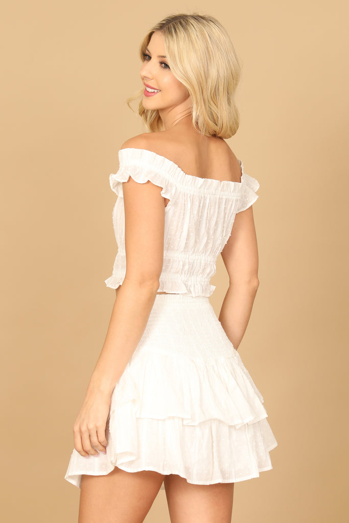 SWISS DOT OFF SHOULDER CROP TOP SMOCKED RUFFLE SKIRT
