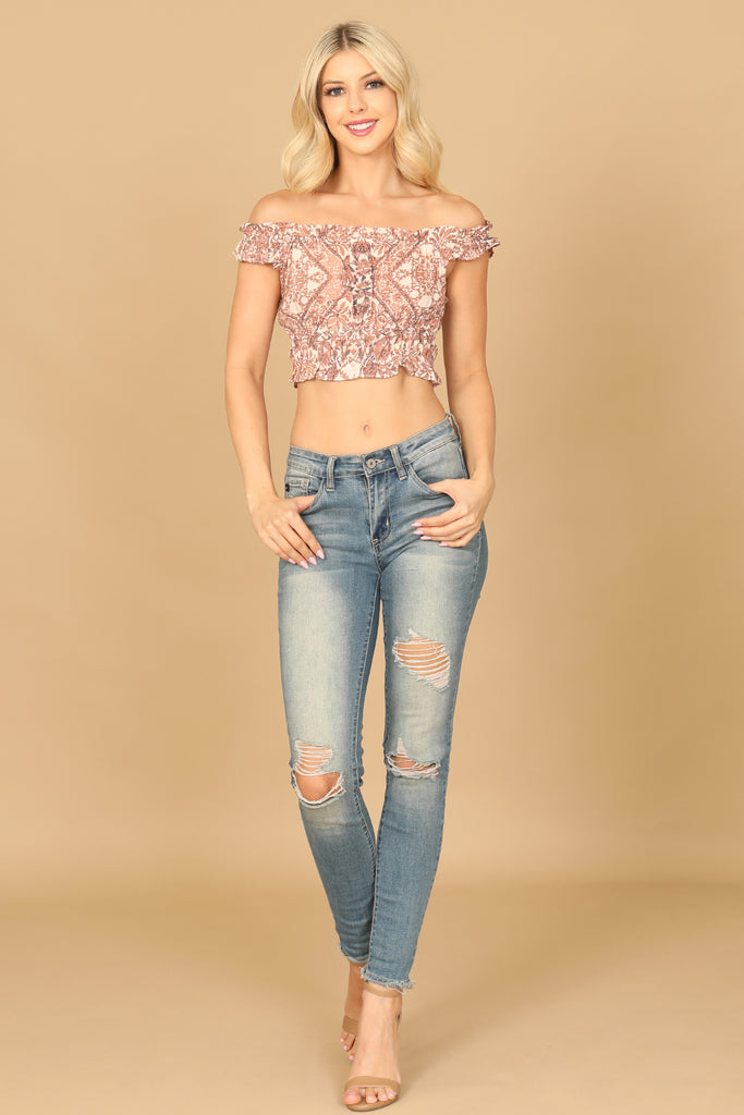 RUFFLE OFF-SHOULDER PRINTED CROP TOP