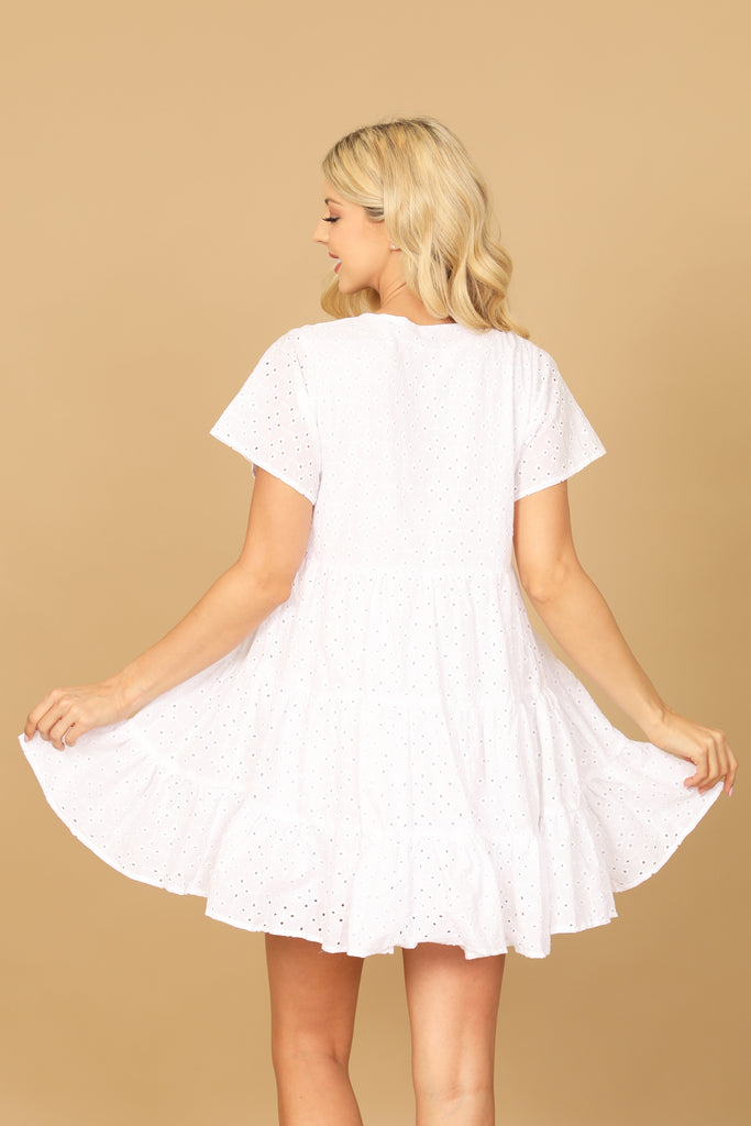 KEYHOLE TIE EYELET TIERED MINI DRESS