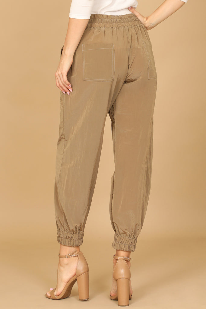 WAIST TIE GARTERIZED HEM SOLID PANTS