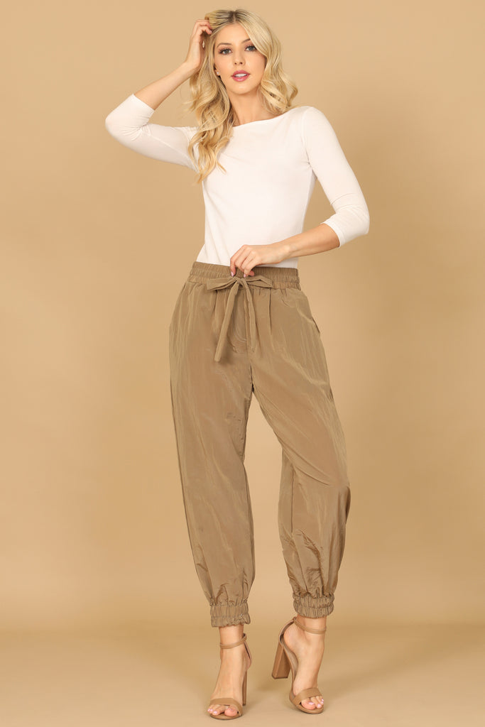 WAIST TIE GARTERIZED HEM SOLID PANTS
