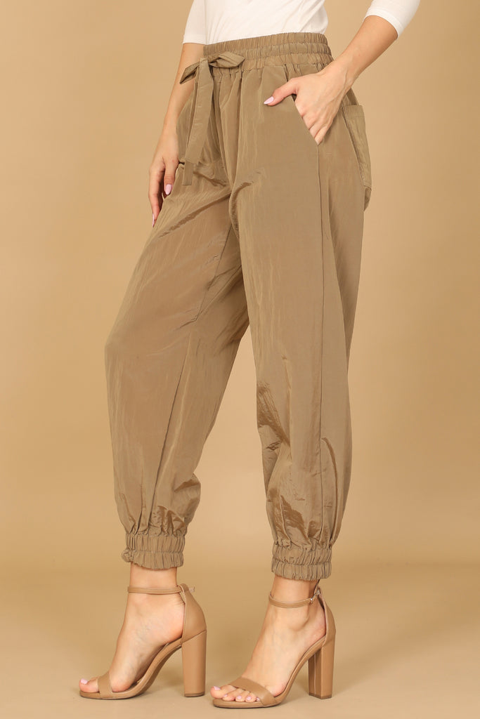 WAIST TIE GARTERIZED HEM SOLID PANTS