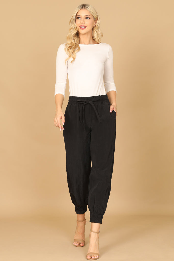 WAIST TIE GARTERIZED HEM SOLID PANTS