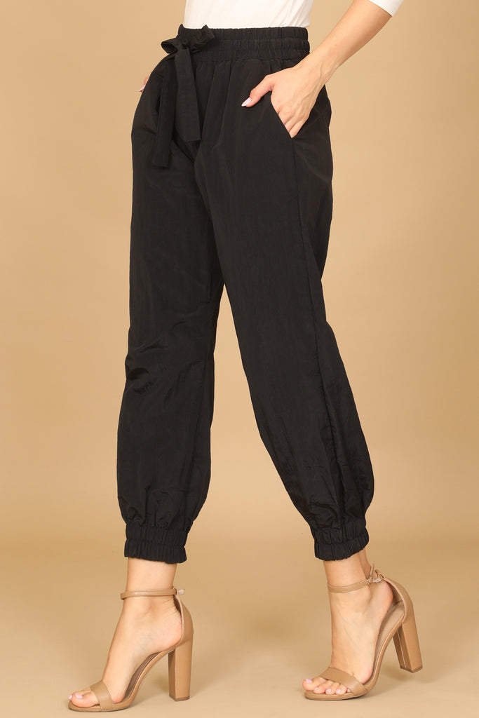 WAIST TIE GARTERIZED HEM SOLID PANTS