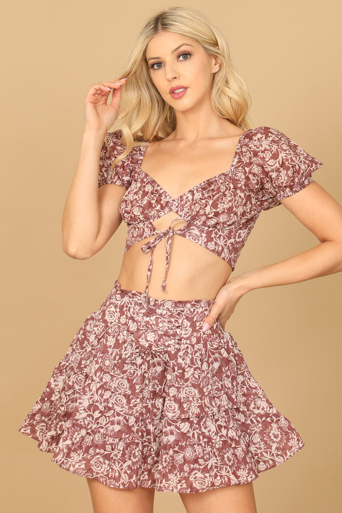PUFF SLEEVE FRONT CUT-OUT PRINTED TOP RUFFLE SKIRT