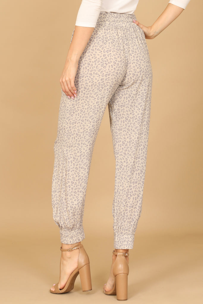 WAIST TIE GARTERIZED HEM LEOPARD PANTS
