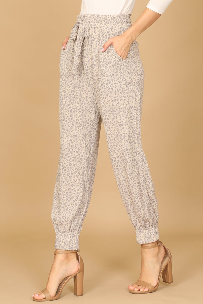 WAIST TIE GARTERIZED HEM LEOPARD PANTS