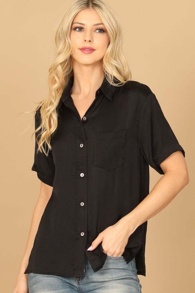 COLLARED HALF SLEEVE BUTTON DOWN SOLID TOP