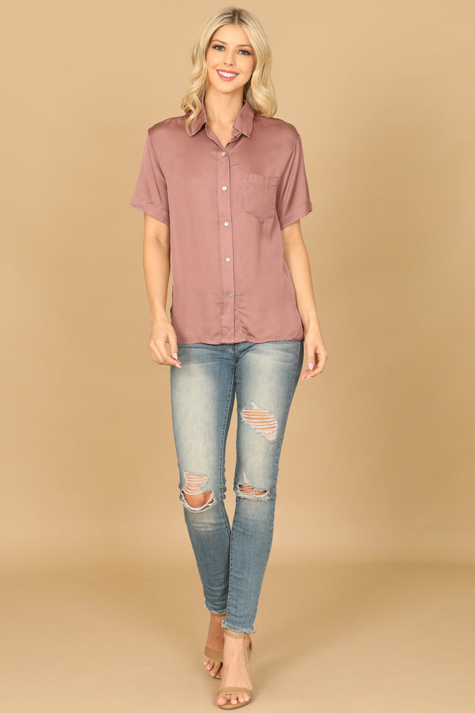 COLLARED HALF SLEEVE BUTTON DOWN SOLID TOP