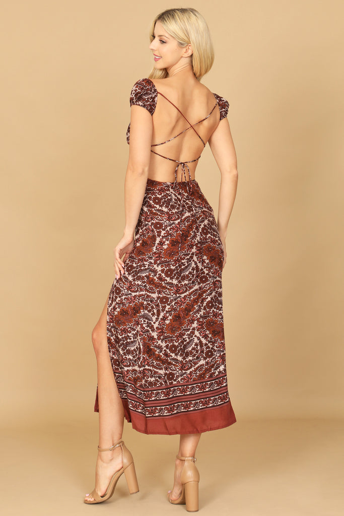 CAP SLEEVE SIDE CUT-OUT SLIT PRINTED DRESS