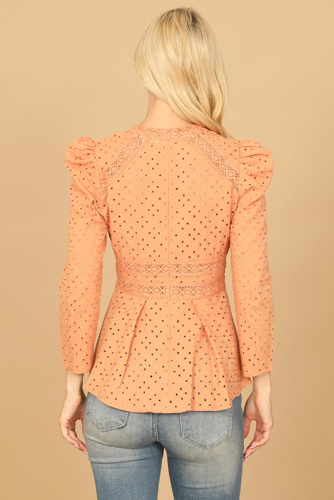 EYELET LONG PUFF SLEEVE TOP