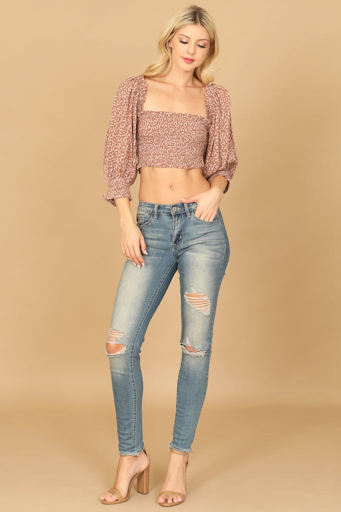 PUFF SLEEVE SHIRRING CROP TOP
