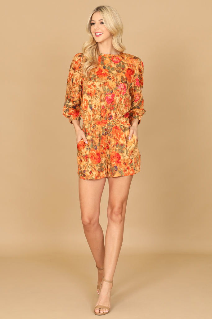 FLORAL PUFF SLEEVE PAINTERLY PRINT ROMPER