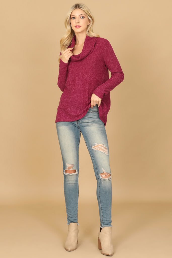 LONG SLEEVE COWL NECK RIBBED TOP
