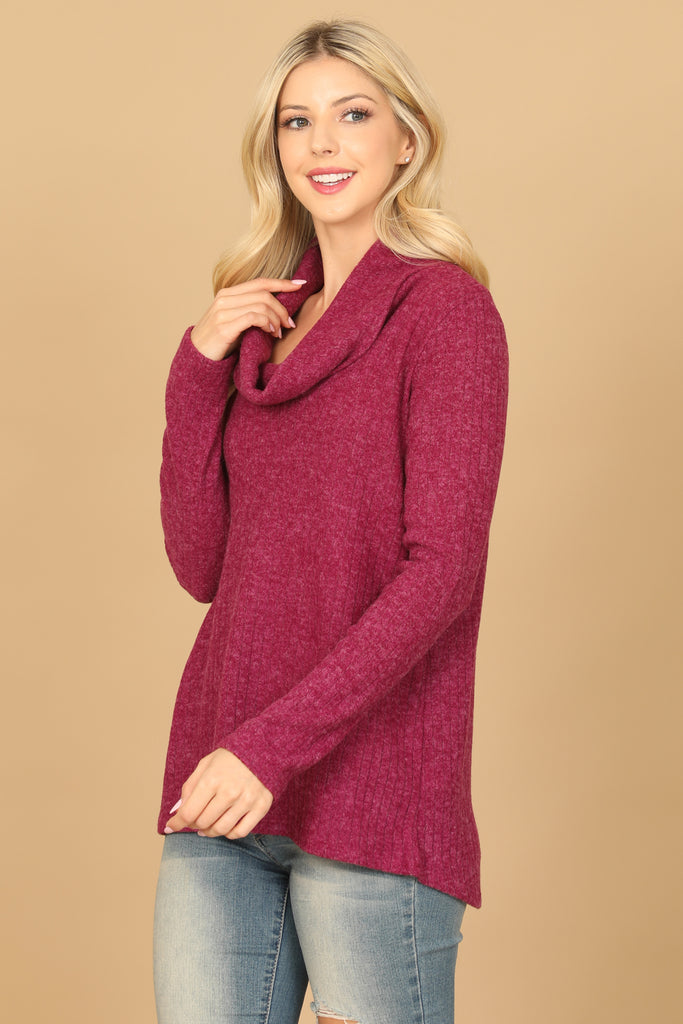 LONG SLEEVE COWL NECK RIBBED TOP