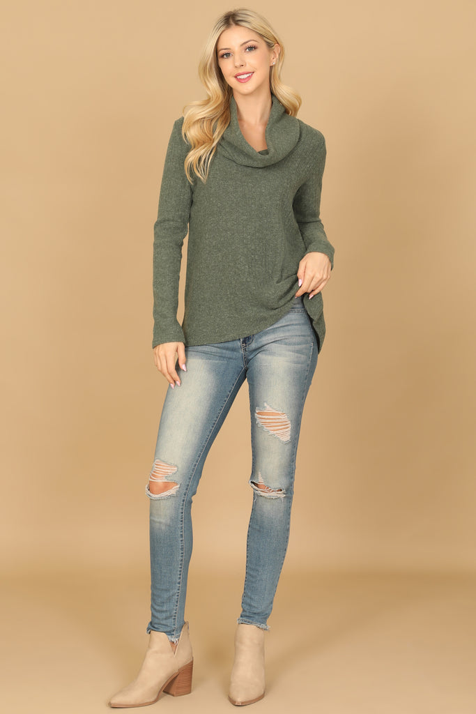 LONG SLEEVE COWL NECK RIBBED TOP