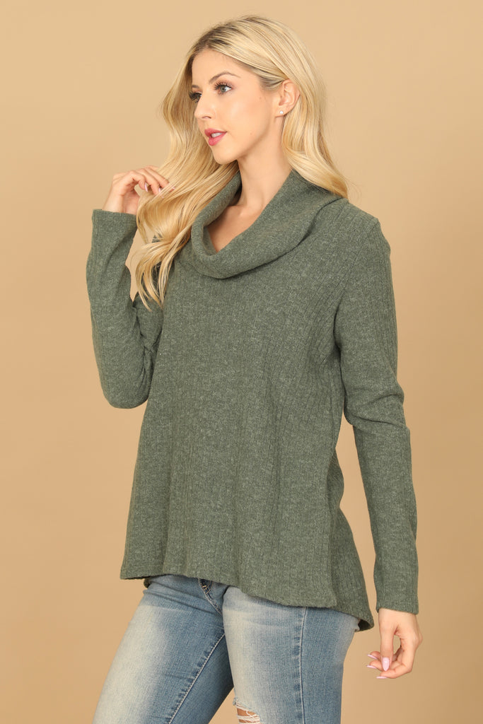 LONG SLEEVE COWL NECK RIBBED TOP