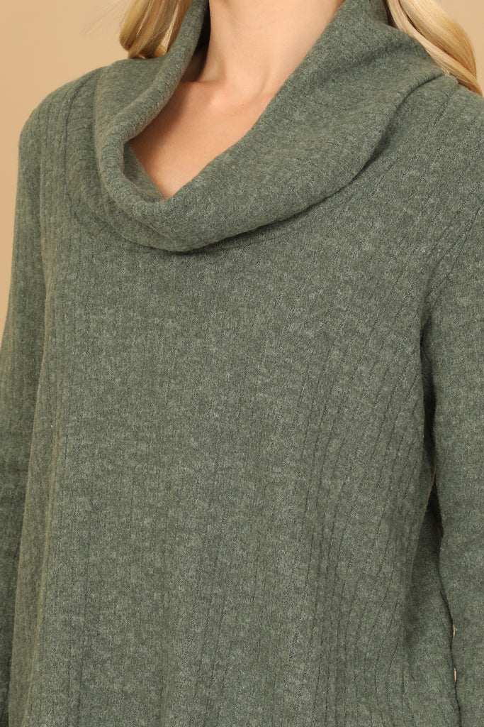 LONG SLEEVE COWL NECK RIBBED TOP