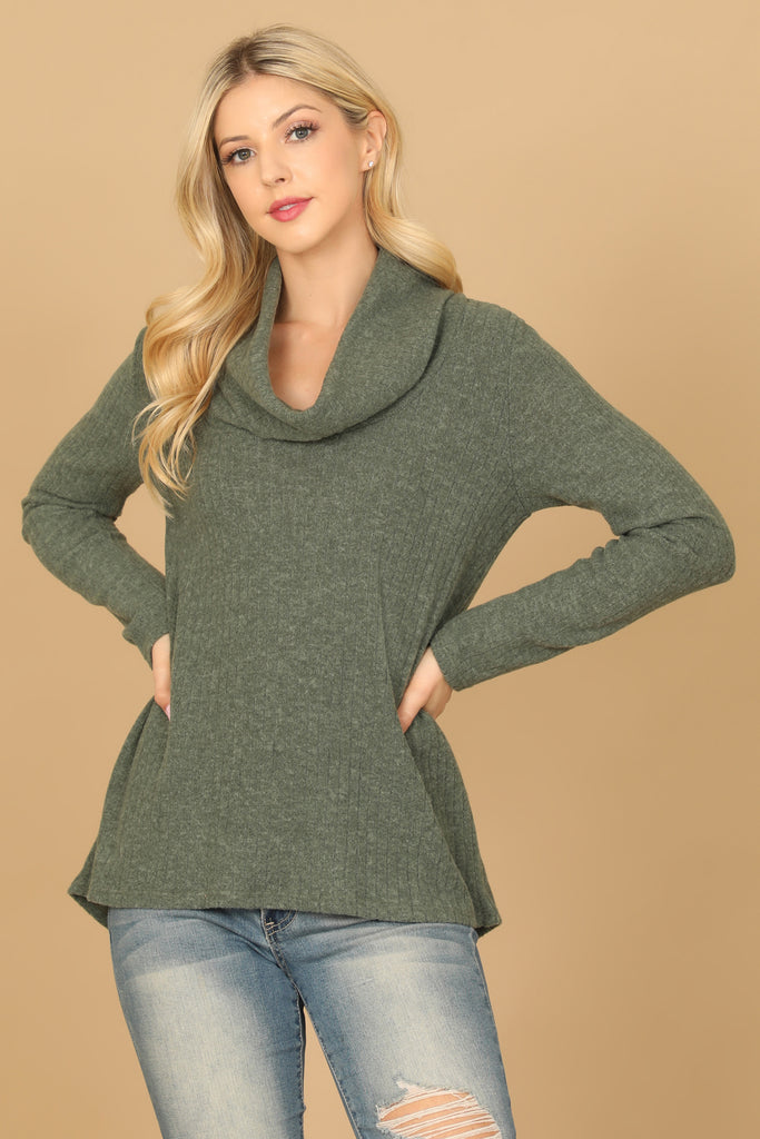 LONG SLEEVE COWL NECK RIBBED TOP