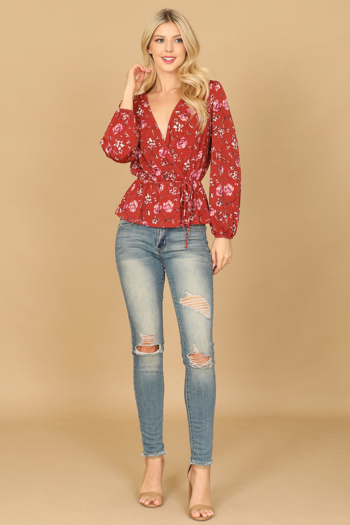 FLORAL LONG SLEEVE WRAP WAIST TIE TOP