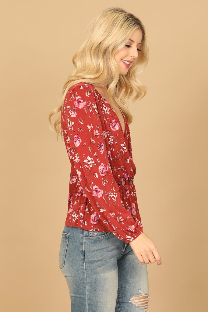 FLORAL LONG SLEEVE WRAP WAIST TIE TOP