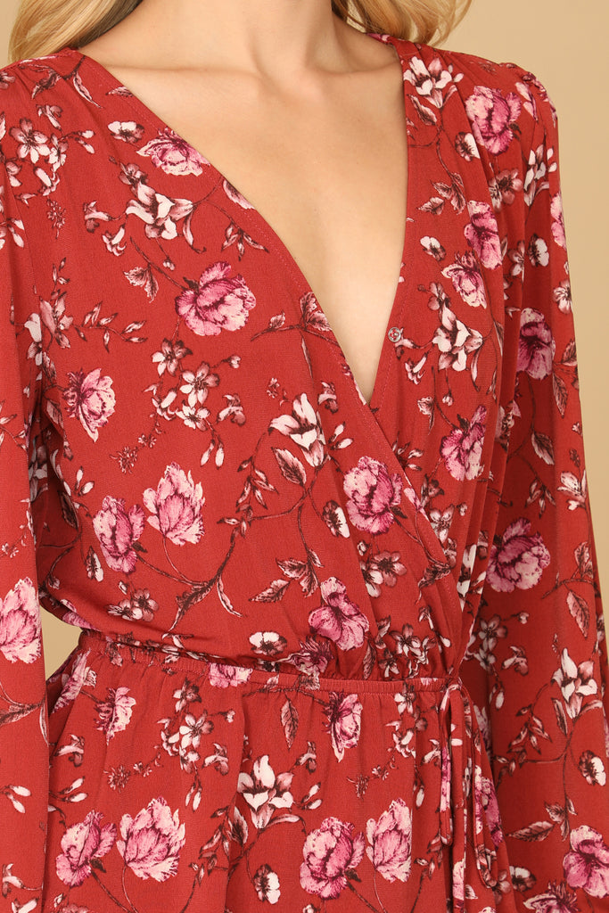 FLORAL LONG SLEEVE WRAP WAIST TIE TOP