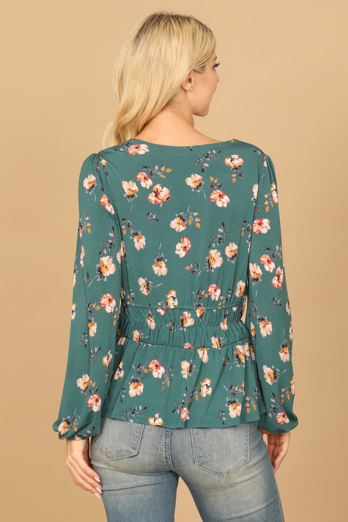 V-NECK ELASTIC WAIST LONG SLEEVE FLORAL TOP