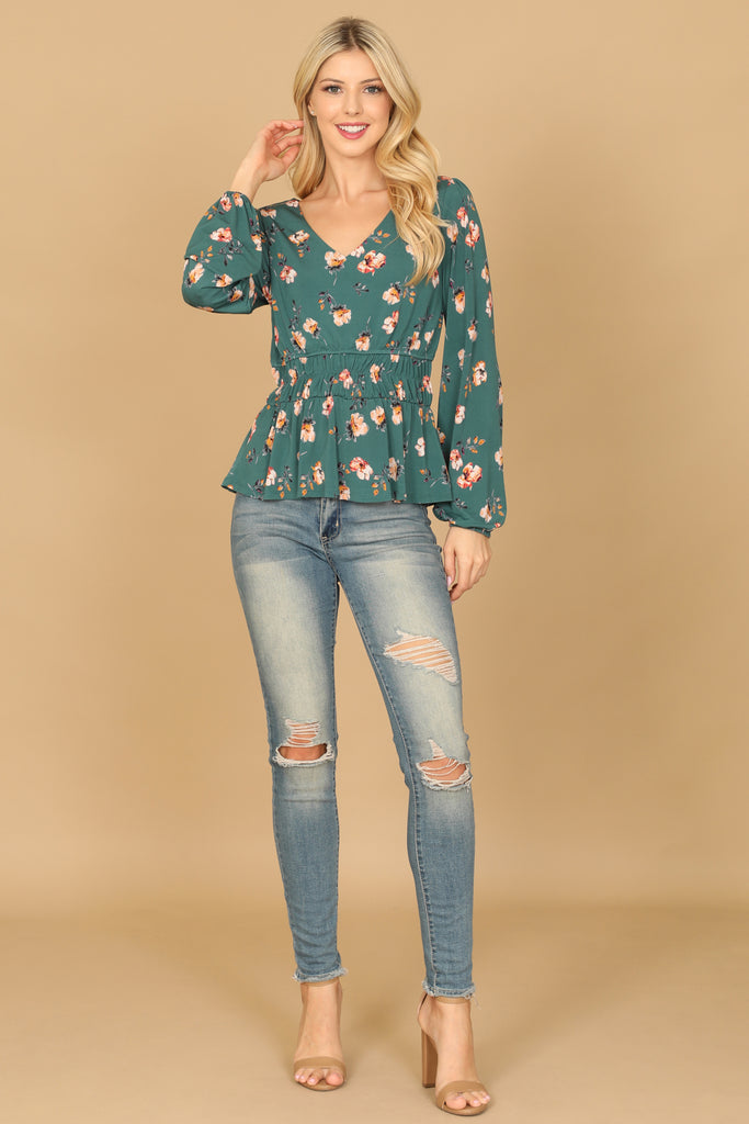 V-NECK ELASTIC WAIST LONG SLEEVE FLORAL TOP