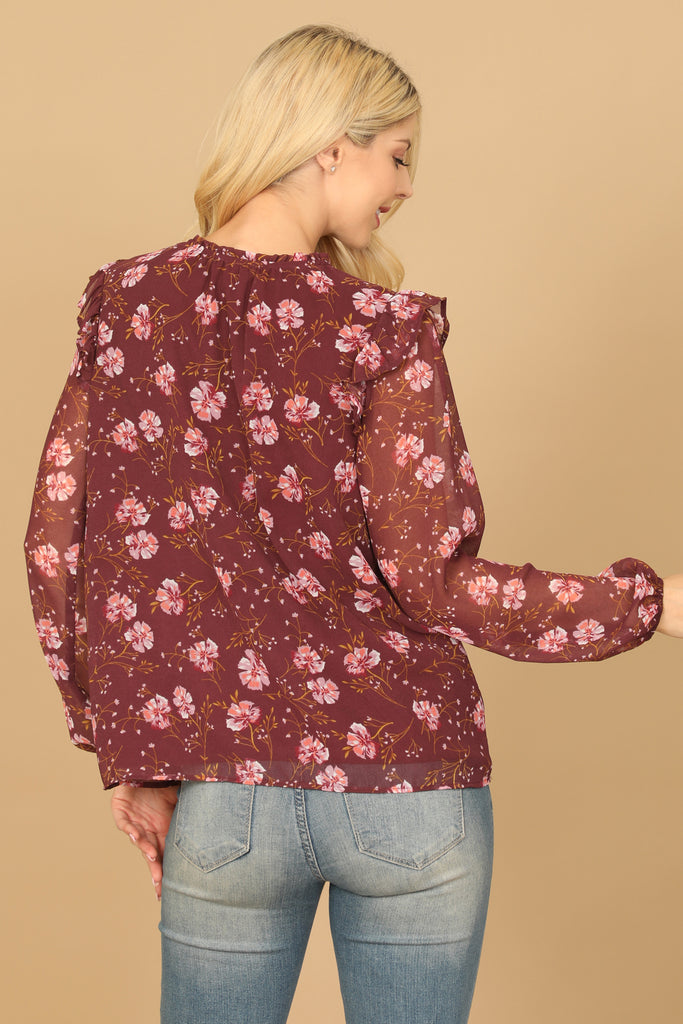 KEYHOLE TIE NECK RUFFLE DETAIL LONG SLEEVE FLORAL TOP