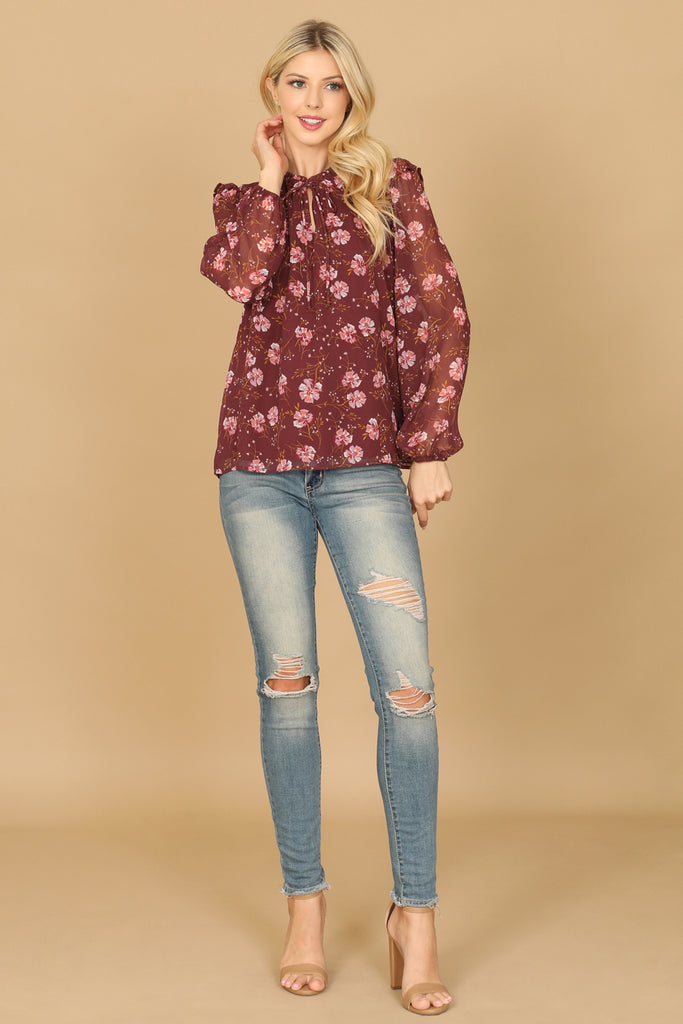 KEYHOLE TIE NECK RUFFLE DETAIL LONG SLEEVE FLORAL TOP