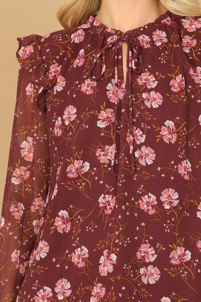 KEYHOLE TIE NECK RUFFLE DETAIL LONG SLEEVE FLORAL TOP