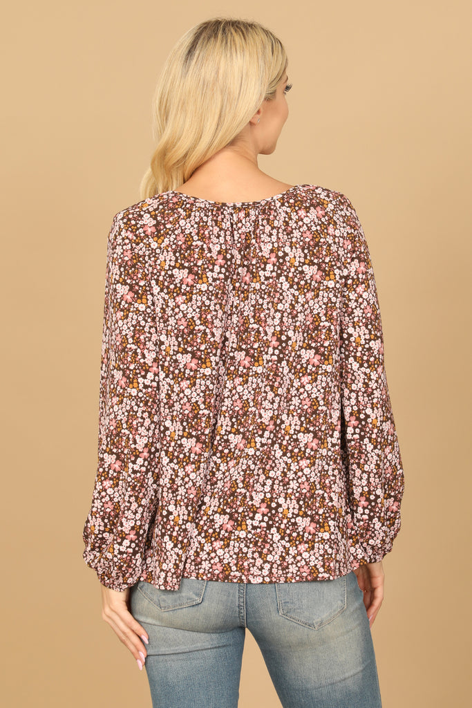 DITSY NOTCH NECK LONG SLEEVE FLORAL TOP