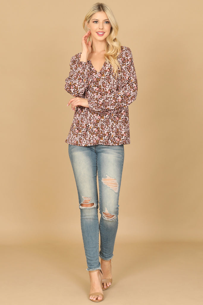 DITSY NOTCH NECK LONG SLEEVE FLORAL TOP