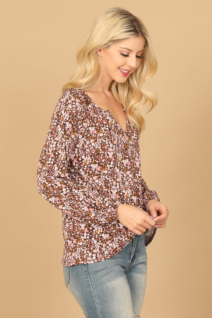 DITSY NOTCH NECK LONG SLEEVE FLORAL TOP