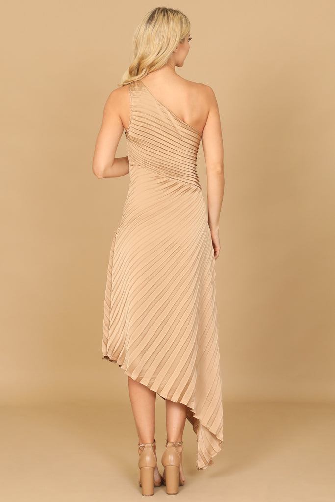 ONE SHOULDER ASSYMETRICAL HEM PLEATED DRESS