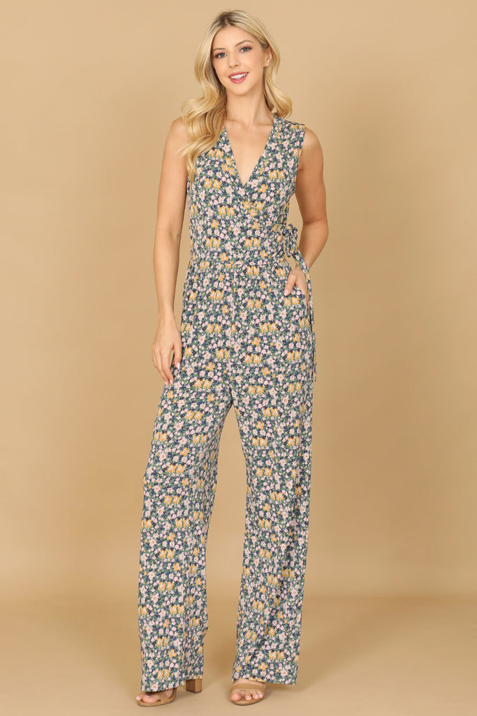 V-NECK SLEEVLESS FLORAL JUMPSUIT
