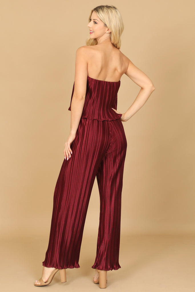 TUBE RUFFLE PLEATED SATINY JUMPSUIT