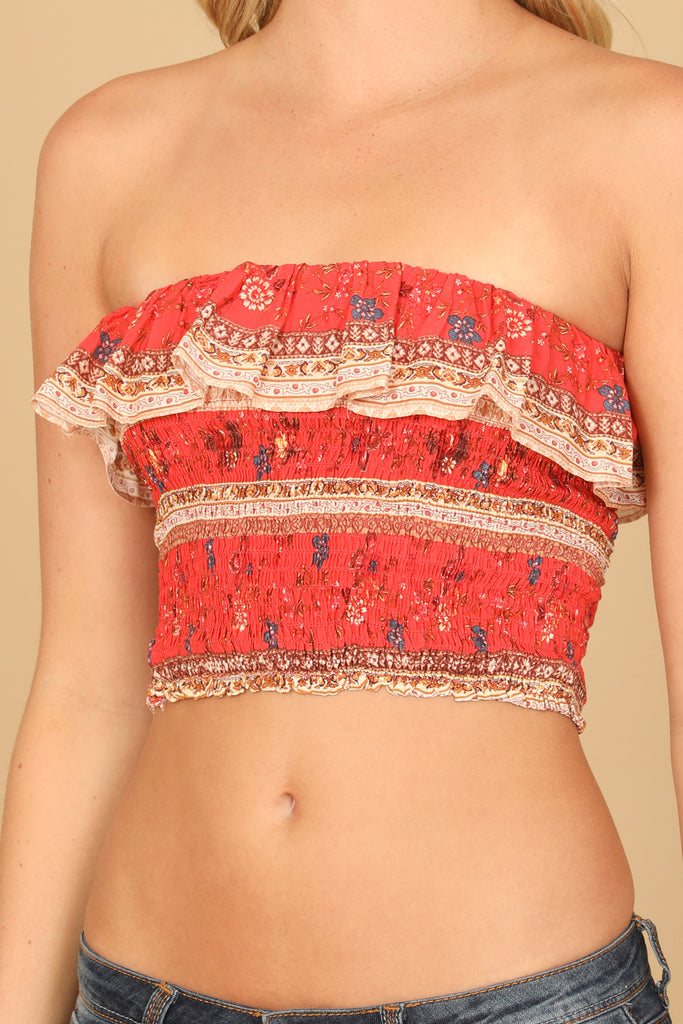 FLORAL RUFFLE TUBE SMOCKED CROP TOP