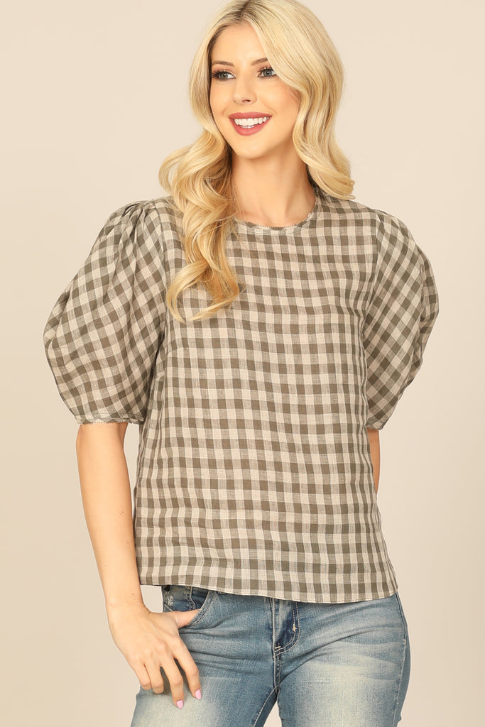 PLAID HALF PUFF SLEEVE TOP