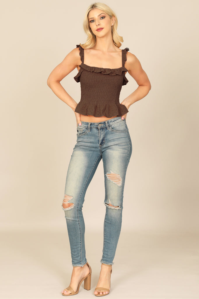 EYELET SMOCKED RUFFLE LACE CROP TOP