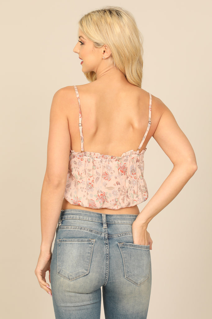 KEYHOLE TASSEL TIE PLEATED FLORAL CROP TOP