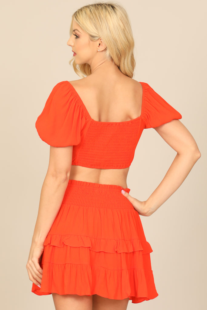 PUFF SLEEVE FRONT CUT-OUT CROP TOP & RUFFLE SKIRT SET
