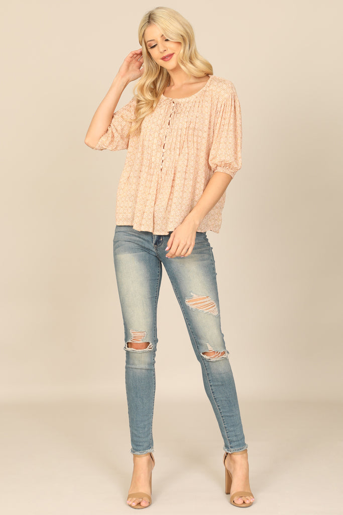 PUFF SLEEVE BUTTON DETAIL PRINTED TOP